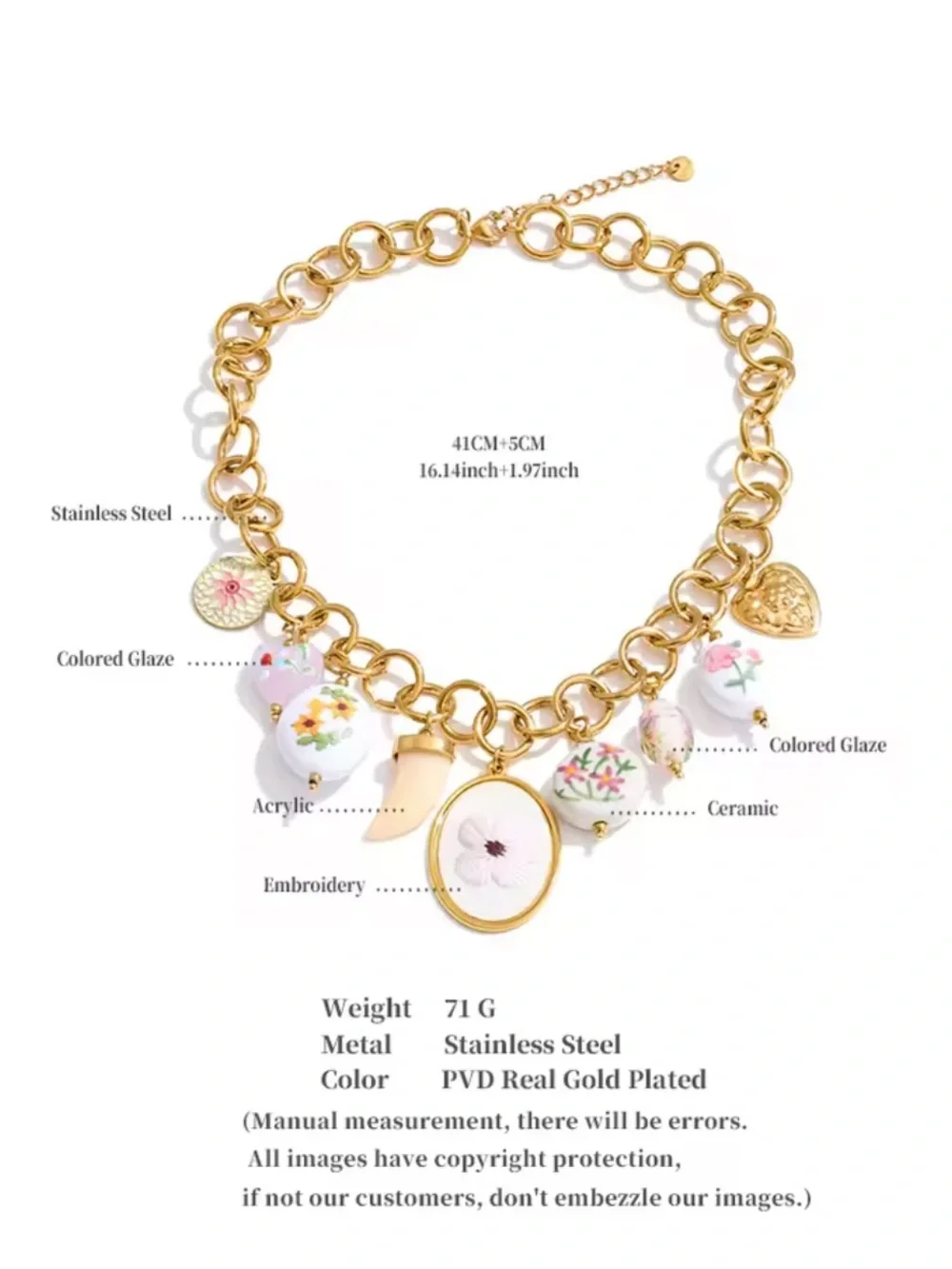 Vintage Floral Porcelain Charm Necklace